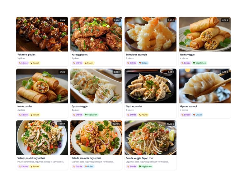 section des menus qui permet de choisir son plat