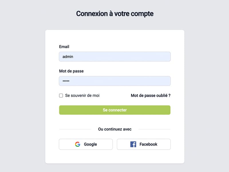 interface qui permet de rentrer dans l'application web
