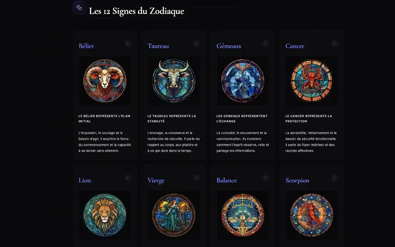 Interface de la plateforme Astro-Cours pour l'apprentissage de l'astrologie en ligne.