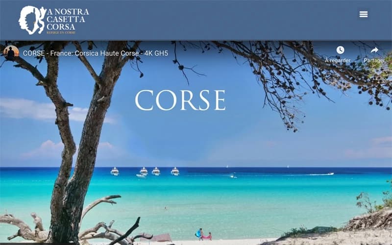 Page d’accueil du site de locations saisonnières Corsica-Corse, avec paysages corses.