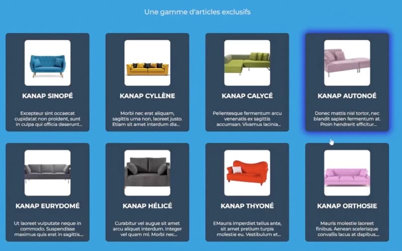 Page produit d’un site e-commerce dédié aux canapés.