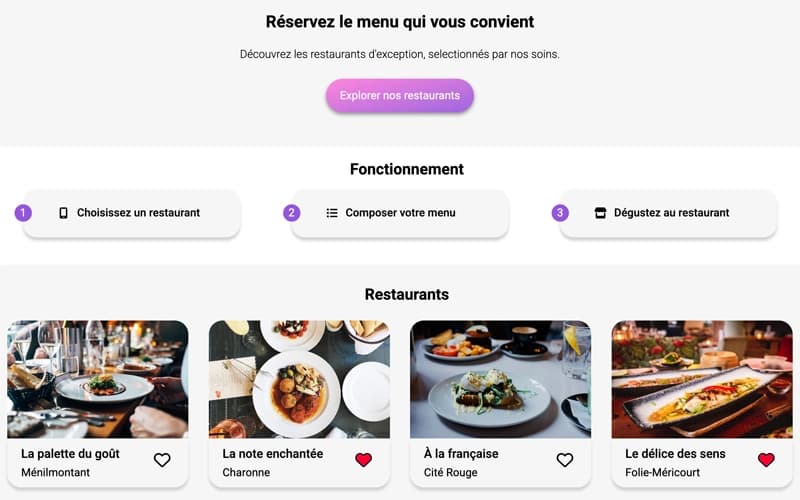Interface d’un portail multi-restaurants avec plusieurs cartes disponibles.