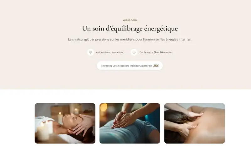 Page d'accueil du site Shiatsu & Harmonie avec ambiance zen et soins énergétiques.