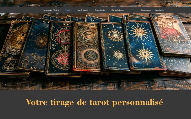 Page d’accueil d’un site de tarot et de développement personnel.